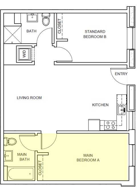 Floor plan for 2 beds, 2 baths, 334 sqft